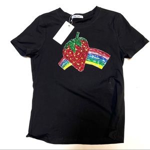 Maybe Wang. Women’s T-shirt. Sz L.  Black with Sequined patterns